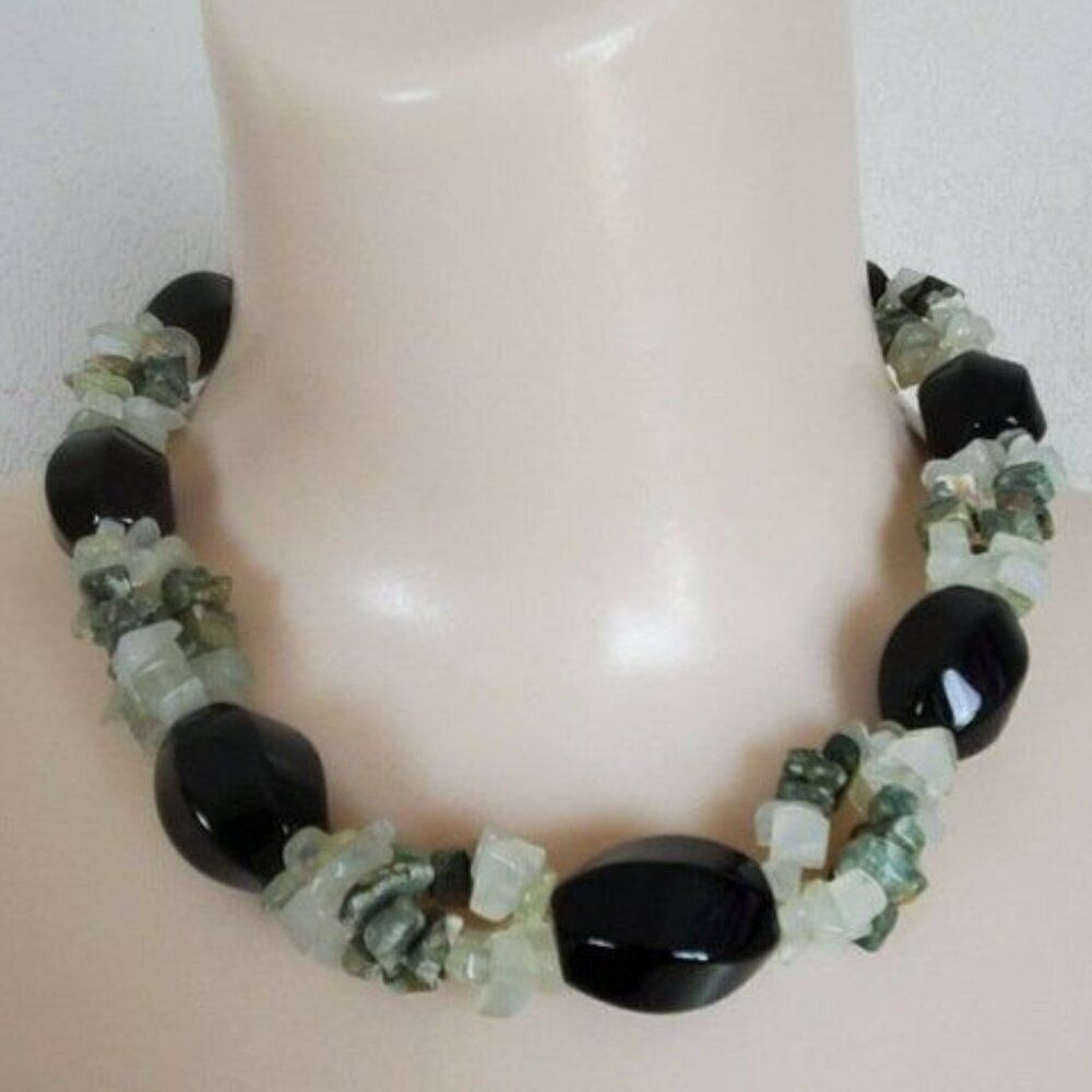 Ross-Simons Sterling Silver Chunky‎ Bead Choker Necklace Jade Green Lace Agate